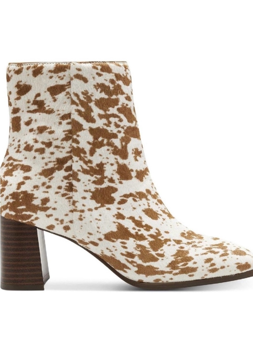INC International Concepts White and Brown Cow Print Block Heel Ankle Boots